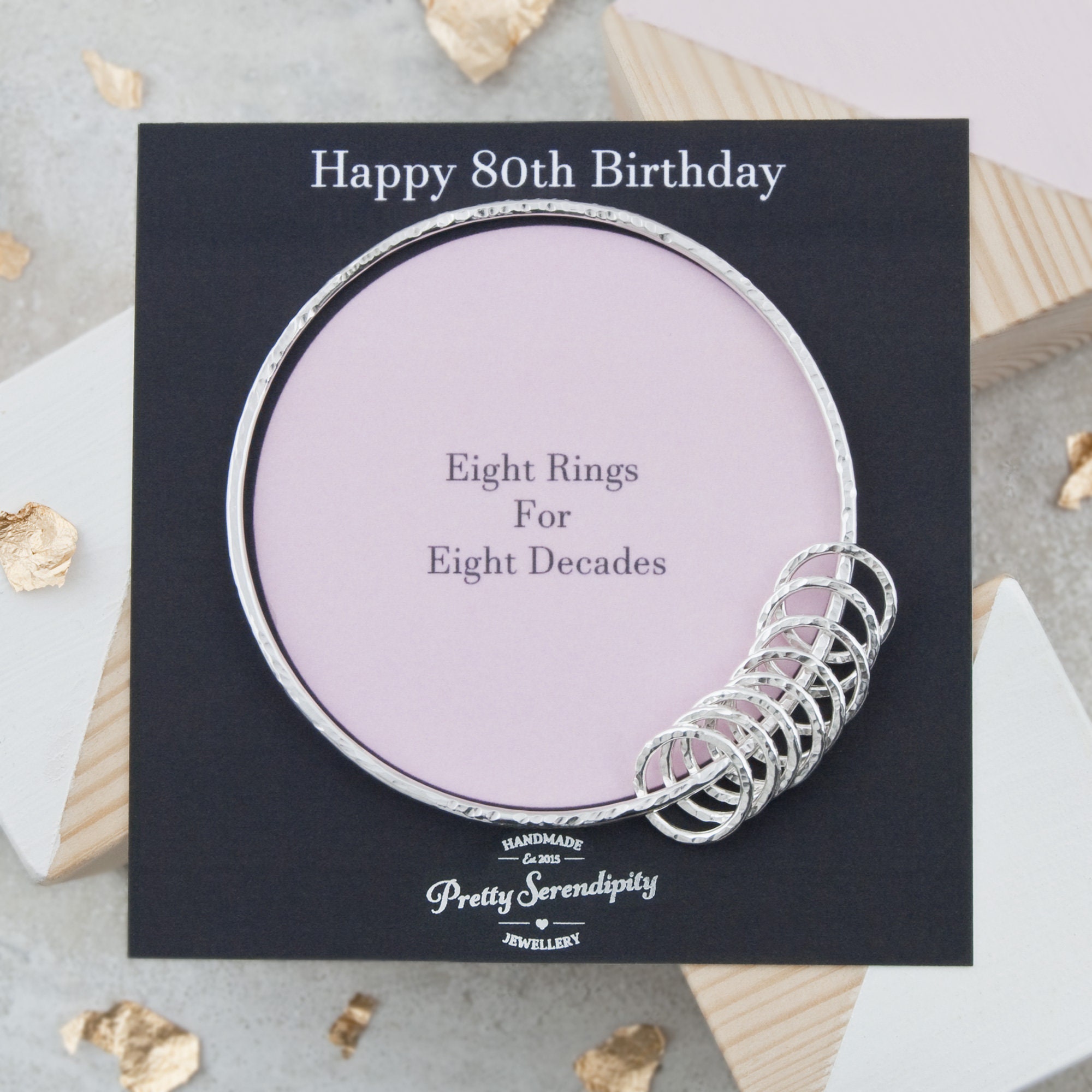 80Th Birthday Bangle, Gift, 8 Rings For Decades
