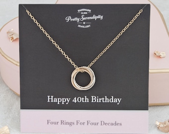 Mini 40th Birthday Necklace - 40th Birthday Gifts For Her - 4 Rings For 4 Decades - Silver & Gold