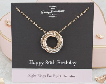 Collar de metal mixto de 80 cumpleaños - Regalo de cumpleaños número 80 - 8 anillos durante 8 décadas - Relleno de plata y oro de 14 quilates