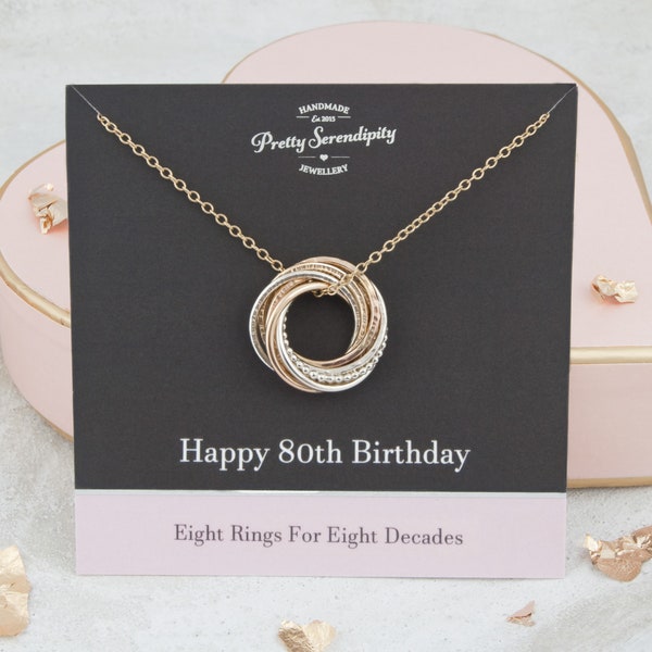 80th Birthday Mixed Metal Necklace - 80th Birthday Gift - 8 Rings For 8 Decades - Silver and 14ct Gold Fill