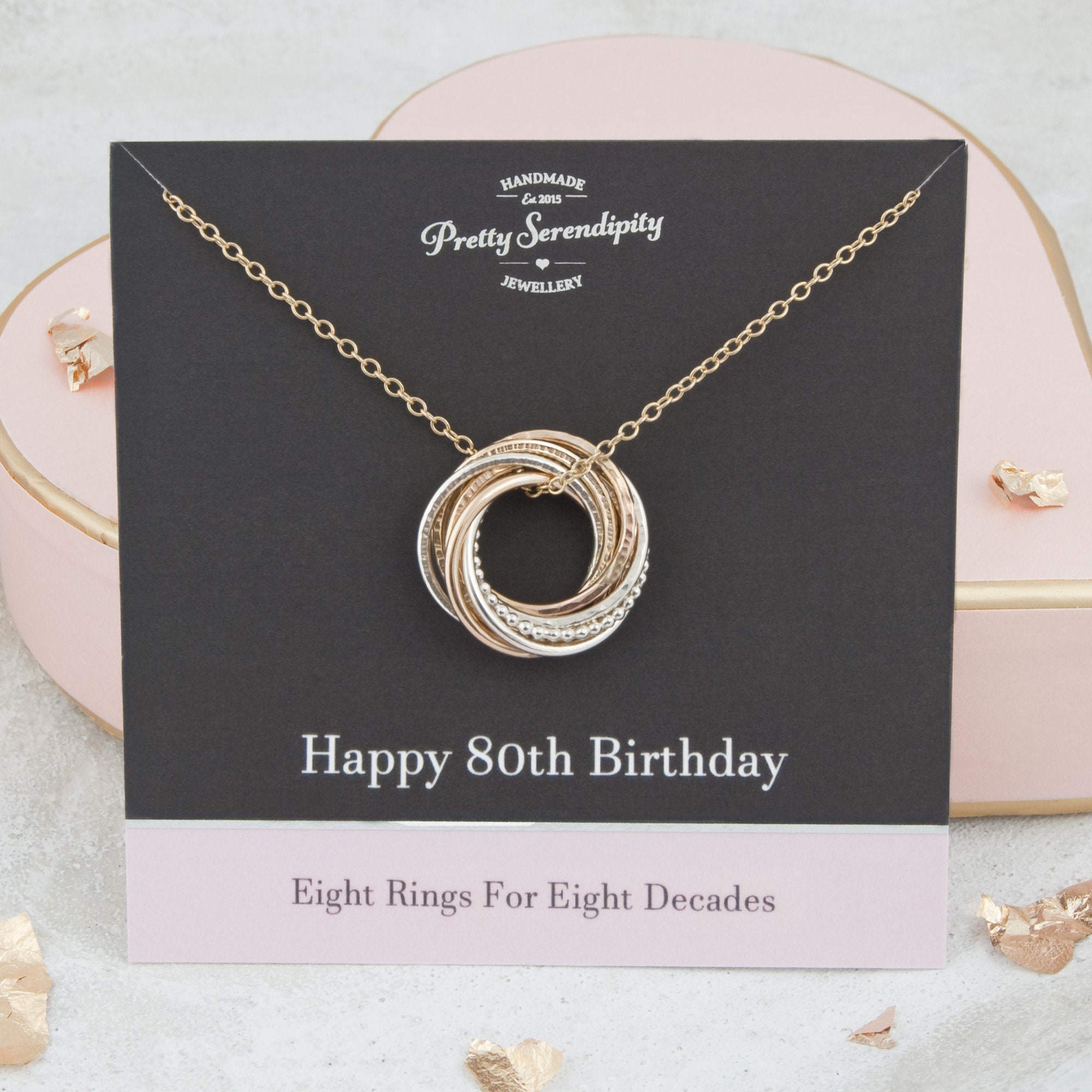 80Th Birthday Mixed Metal Necklace - Gift 8 Rings For Decades Silver & 14Ct Gold Fill