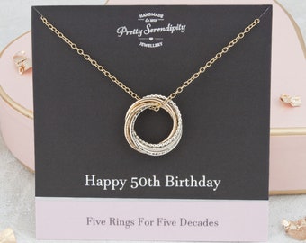 50th Birthday Mixed Metal Necklace - 50th Birthday Gift - 5 Rings For 5 Decades - Silver and 14ct Gold Fill