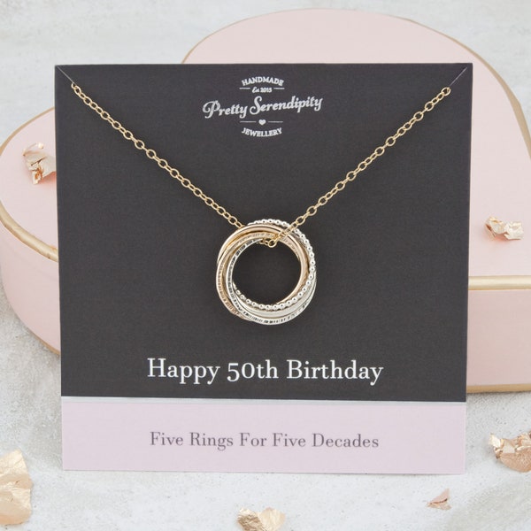 50th Birthday Mixed Metal Necklace - 50th Birthday Gift - 5 Rings For 5 Decades - Silver and 14ct Gold Fill