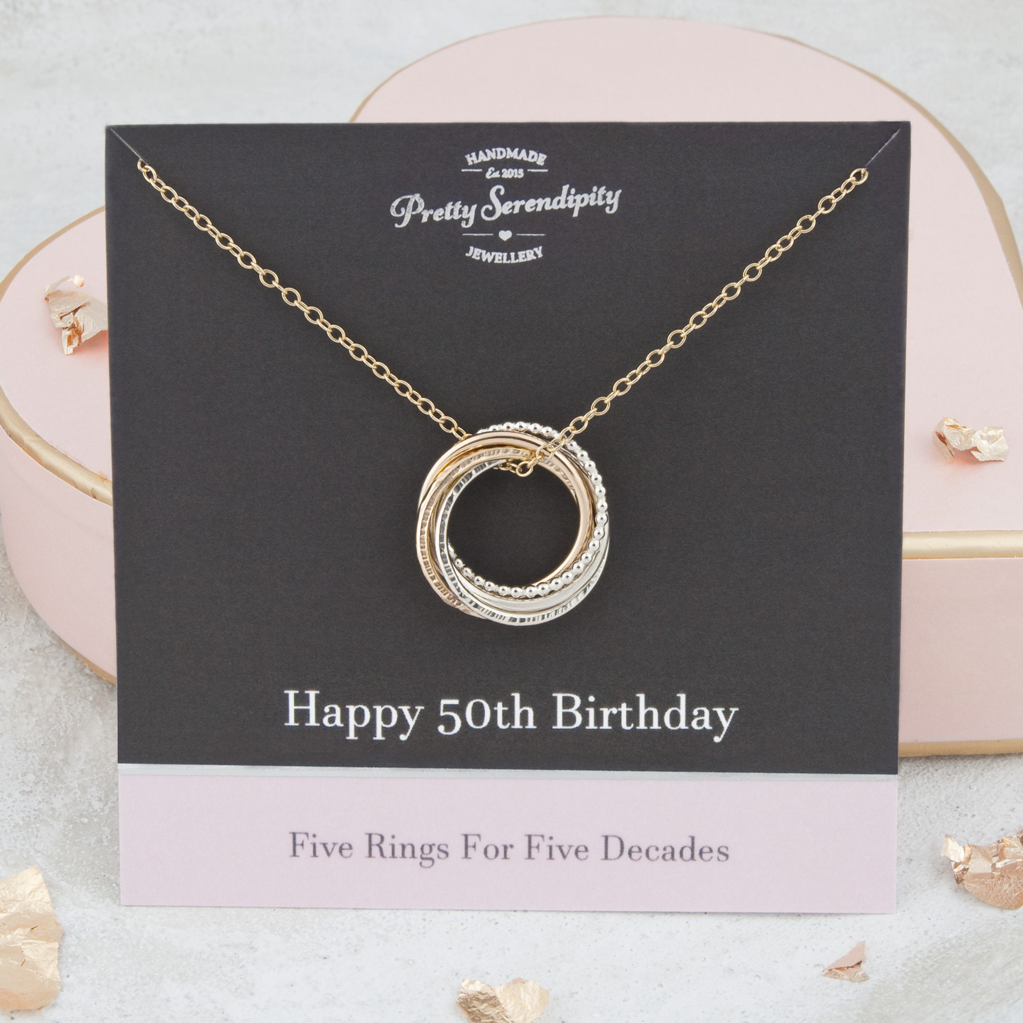 50Th Birthday Mixed Metal Necklace - Gift 5 Rings For Decades Silver & 14Ct Gold Fill