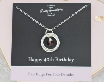 40th Birthday Necklace with Birthstone, 40th Birthday Gift For Her, 40th Jewelry For Friend, 4 Rings For 4 Decades