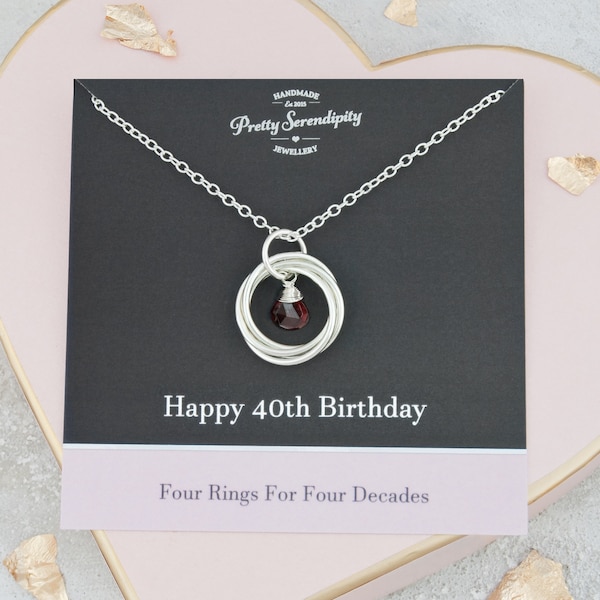 40th Birthday Necklace with Birthstone, 40th Birthday Gift For Her, 40th Jewelry For Friend, 4 Rings For 4 Decades