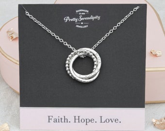 Personalised Russian Ring Name Necklace, Traditional 'Faith Hope Love' Russian Wedding Ring Jewellery