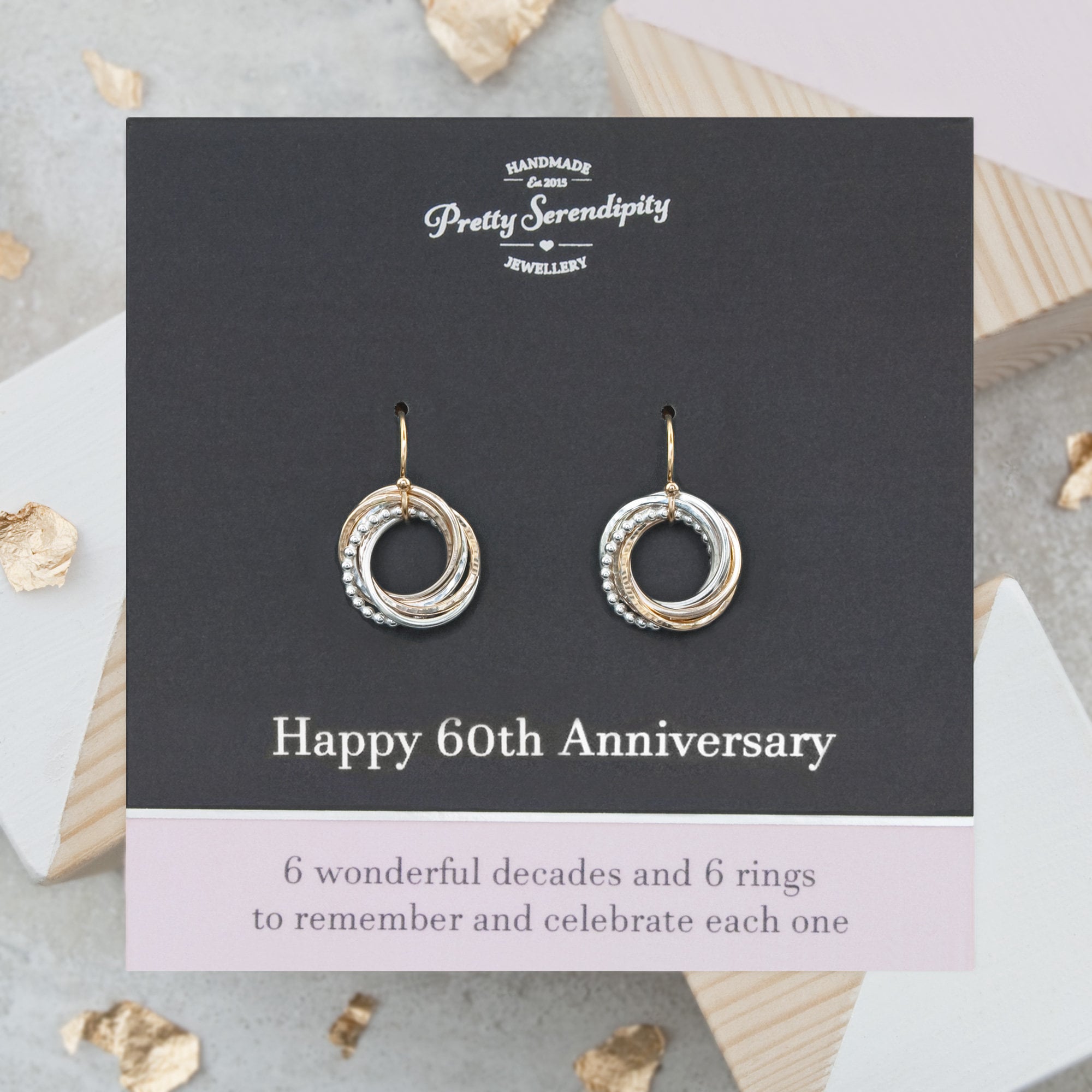 60Th Anniversary Earrings, Wedding Gift, 6 Rings For Decades Of Marriage, Gold & Silver