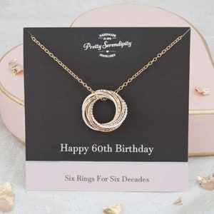 60th Birthday Mixed Metal Necklace - 60th Birthday Gift - 6 Rings For 6 Decades - Silver and 14ct Gold Fill