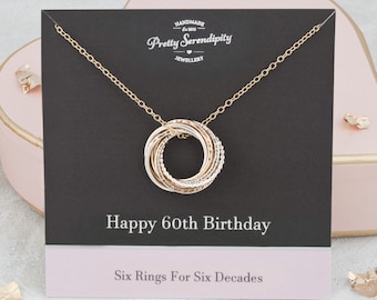 60th Birthday Mixed Metal Necklace - 60th Birthday Gift - 6 Rings For 6 Decades - Silver and 14ct Gold Fill