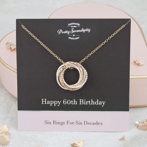 60th Birthday Necklace - 60th Birthday Gift - 6 Rings For 6 Decades - Silver & Gold