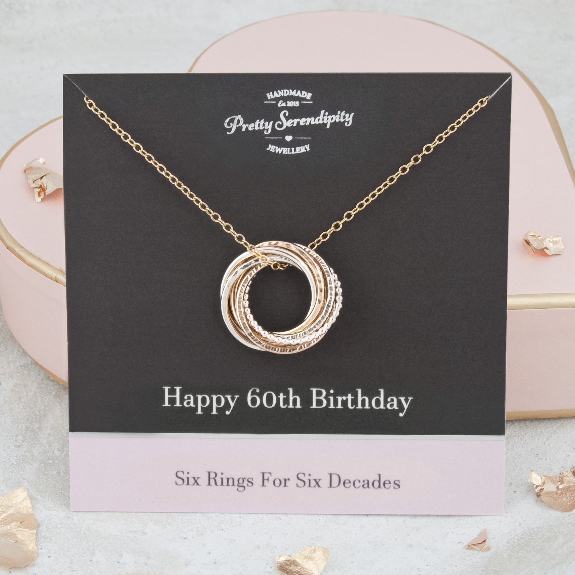 60Th Birthday Mixed Metal Necklace - Gift 6 Rings For Decades Silver & 14Ct Gold Fill