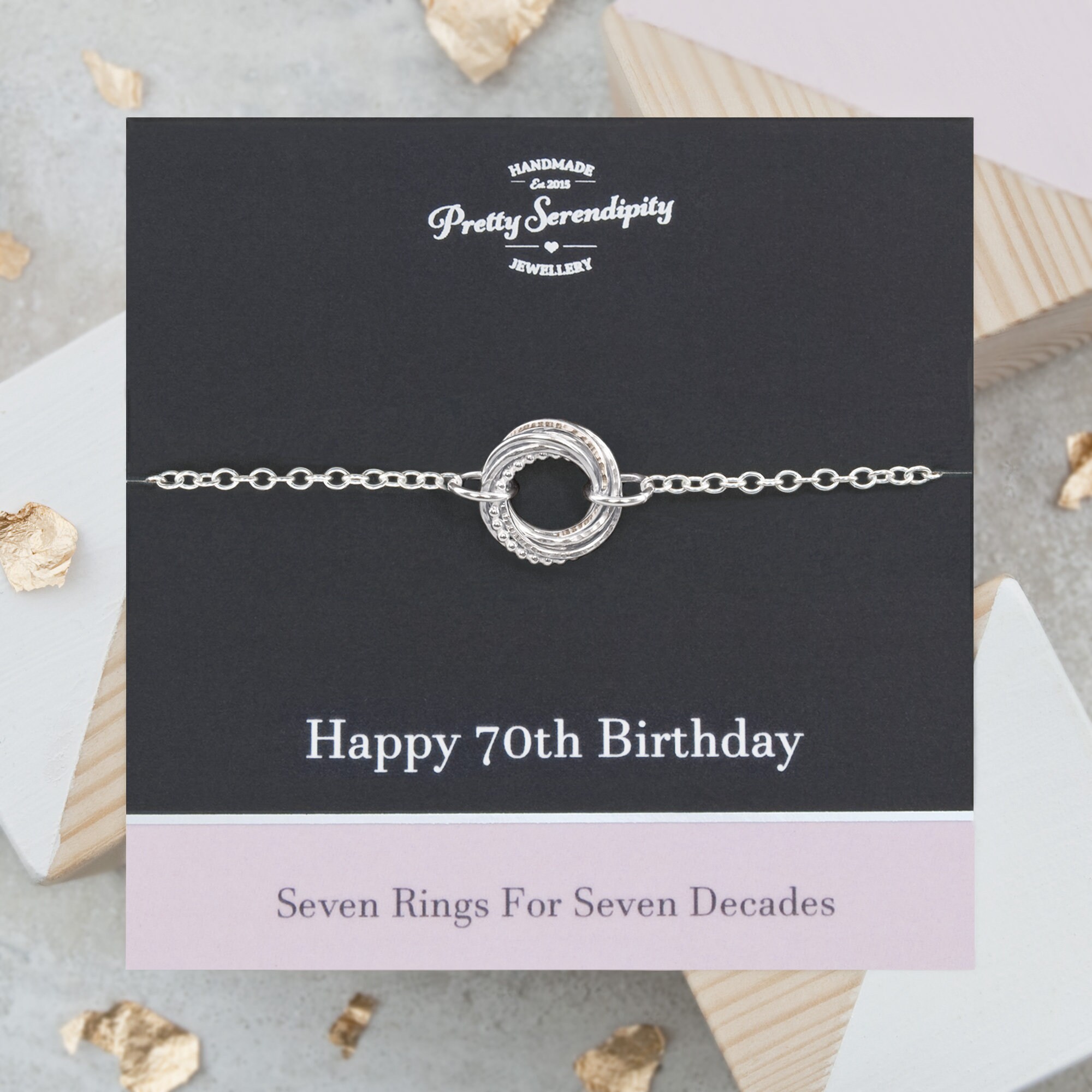 70Th Birthday Textured Silver Bracelet - 7 Rings For Decades, Gifts
