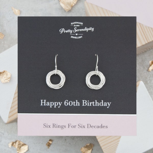 60th Birthday Earrings, 60th Gift, 60th Birthday Jewellery, 6 Rings For 6 Decades