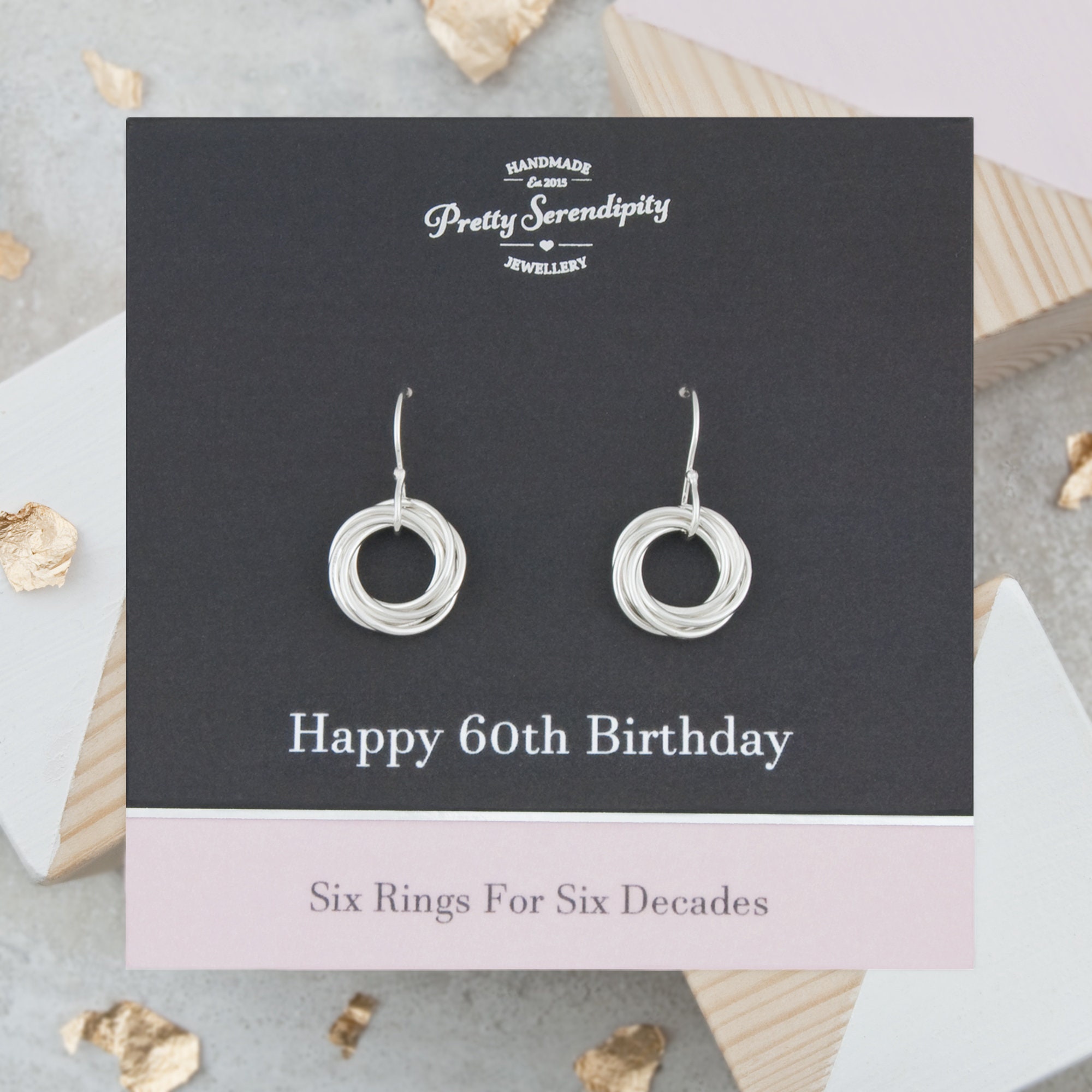 60Th Birthday Earrings, Gift, Jewellery, 6 Rings For Decades