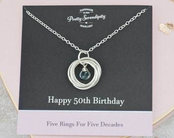 50th Birthday Necklace with Birthstone, 50th Birthday Gift For Her, 50th Jewelry For Friend, 5 Rings For 5 Decades