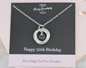 50th Birthday Birthstone Necklace - 50th Birthday Gift - 5 Rings For 5 Decades - Sterling Silver
