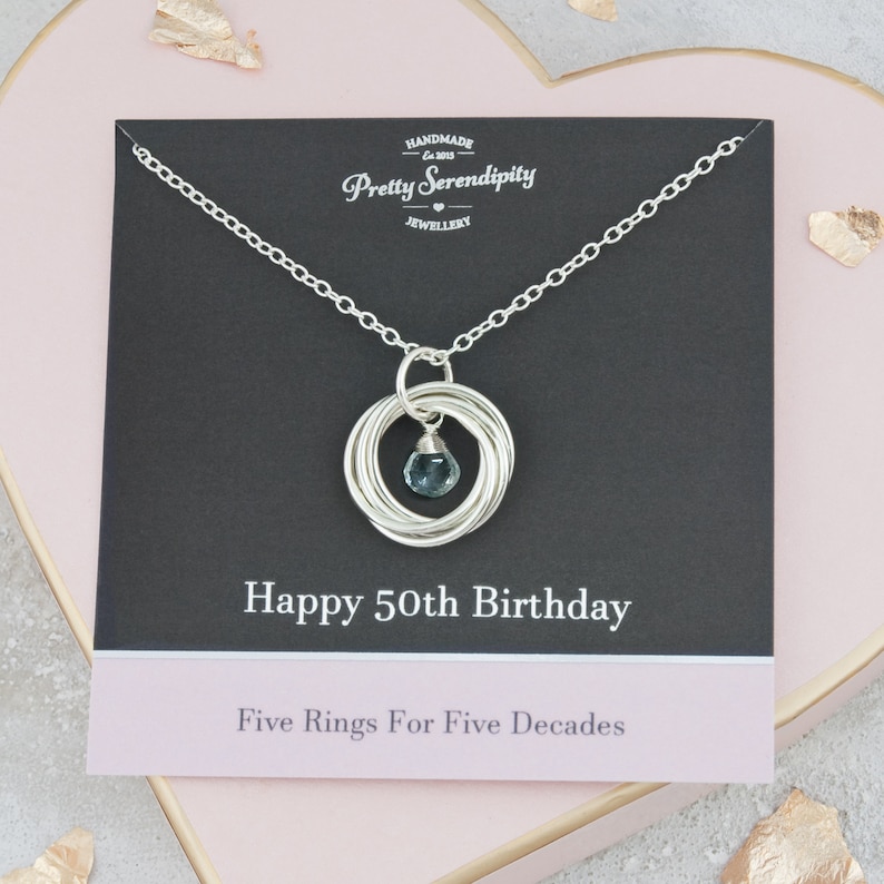 50th Birthday Necklace with Birthstone, 50th Birthday Gift For Her, 50th Jewelry For Friend, 5 Rings For 5 Decades image 1