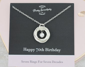 70th Birthday Necklace with Birthstone, 70th Birthday Gift For Her, 70th Jewelry For Friend, 7 Rings For 7 Decades