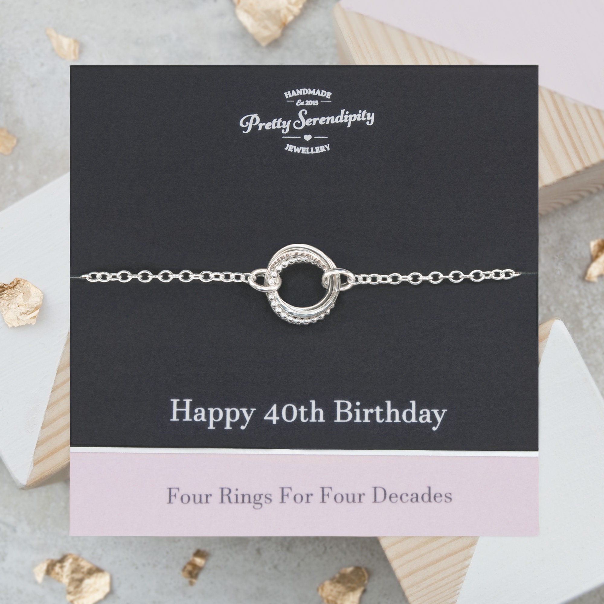 40Th Birthday Textured Silver Bracelet - 4 Rings For Decades, Gifts