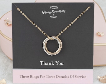 3 Rings For 3 Decades of Service Necklace - Female Employee Gifts - 30 Year Work Anniversary - Retirement Jewelry - Silver & Gold
