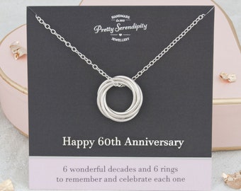 60th Anniversary Necklace - 6 Rings For 6 Decades of Marriage, 60th Anniversary Gift, Sterling Silver