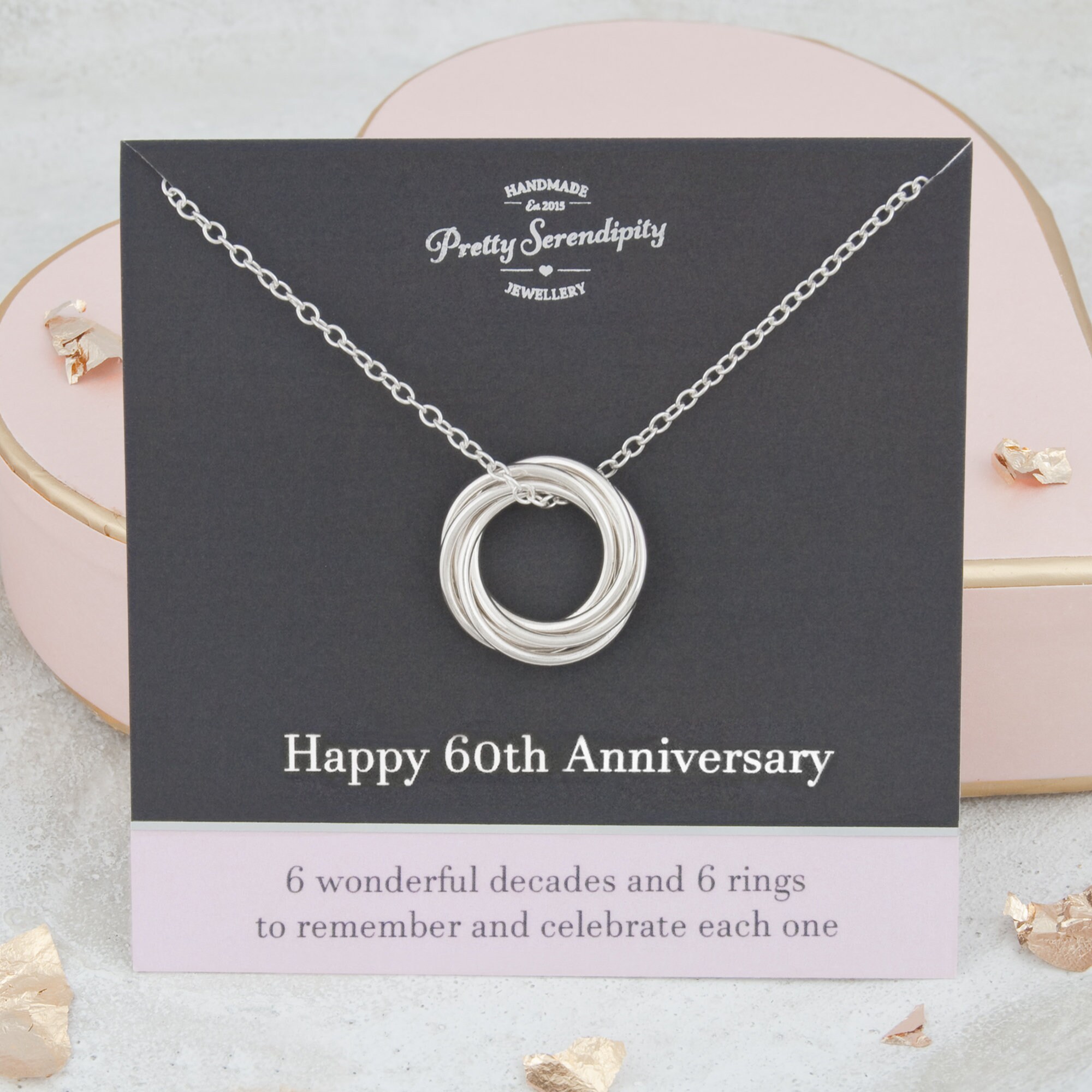 60Th Anniversary Necklace - 6 Rings For Decades Of Marriage, Gift, Sterling Silver