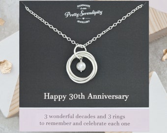 30th Pearl Wedding Anniversary Necklace - 30th Anniversary Gift - 3 Rings For 3 Decades - Sterling Silver