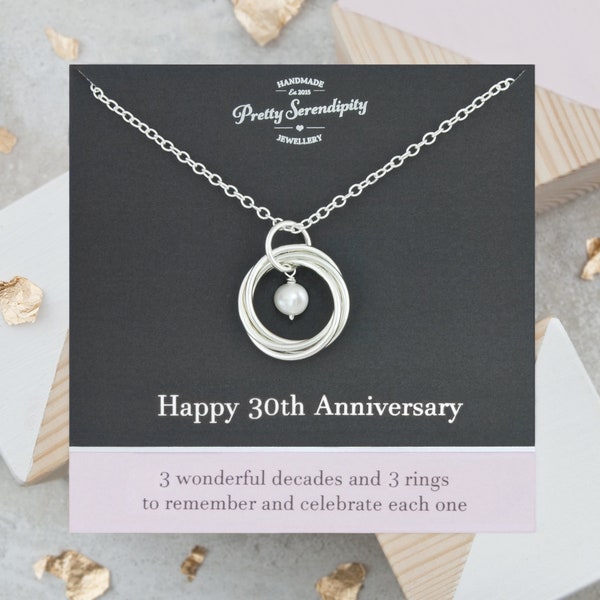 30th Pearl Wedding Anniversary Necklace - 3 Rings For 3 Decades, 30th Anniversary Gift, Sterling Silver