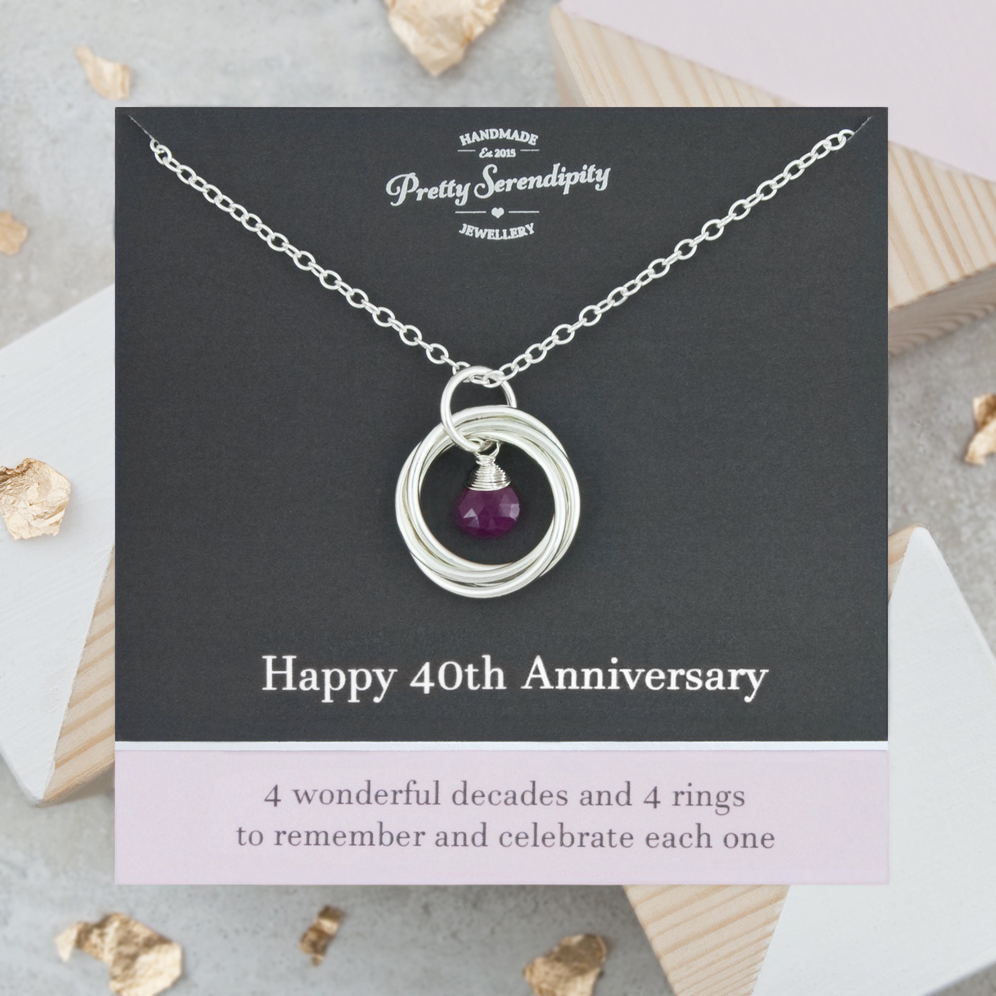 40Th Ruby Wedding Anniversary Necklace - 4 Rings For Decades, Gift, Sterling Silver