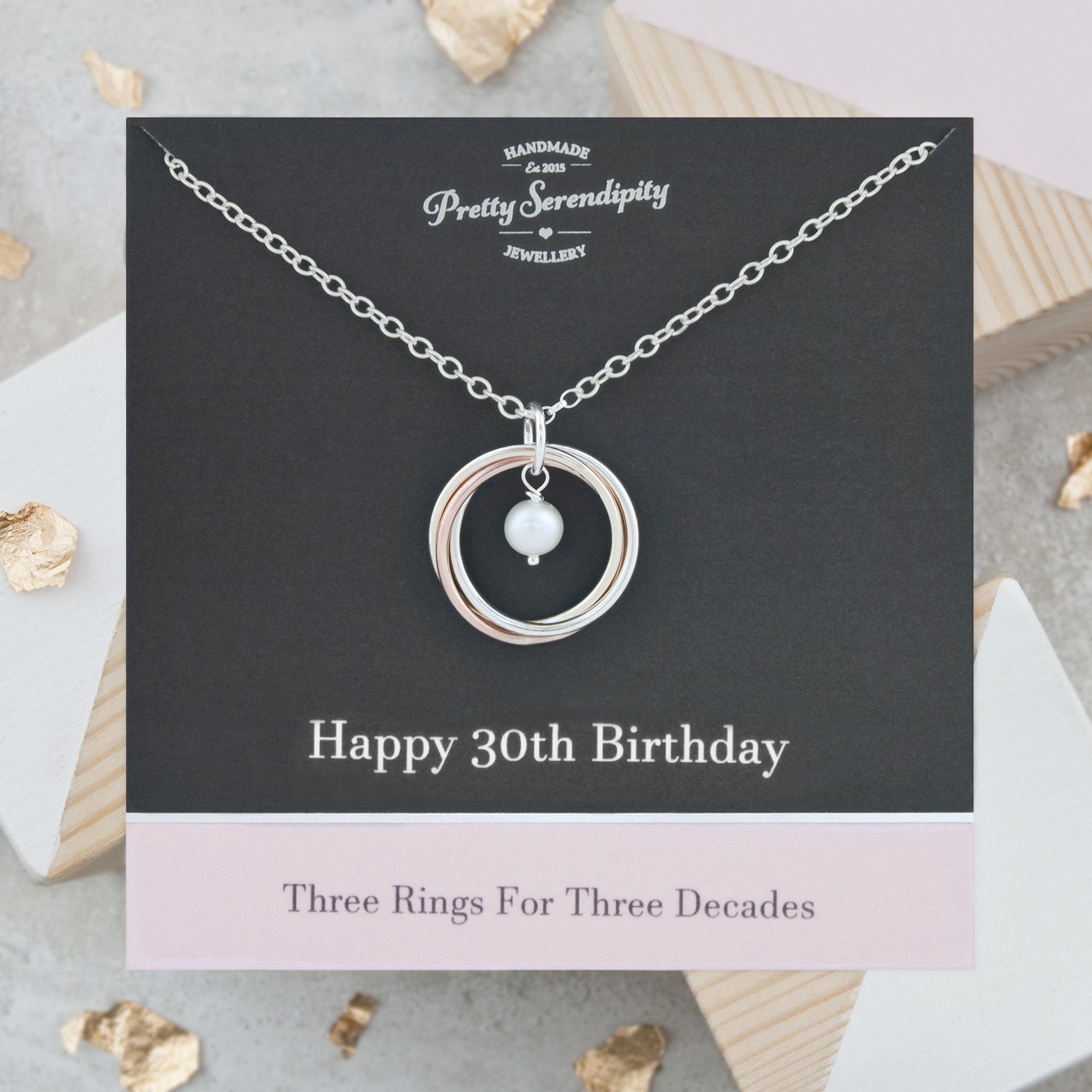 9Ct Solid Gold & Silver 30Th Birthday Necklace With Birthstone, 3 Rings For Decades, Gift Daughter