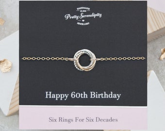 60th Birthday Bracelet - 60th Birthday Gift - 6 Rings For 6 Decades - Silver & Gold