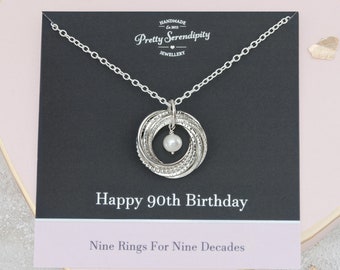 90th Birthday Birthstone Necklace - Textured Sterling Silver, 9 Rings For 9 Decades, 90th Gift For Her