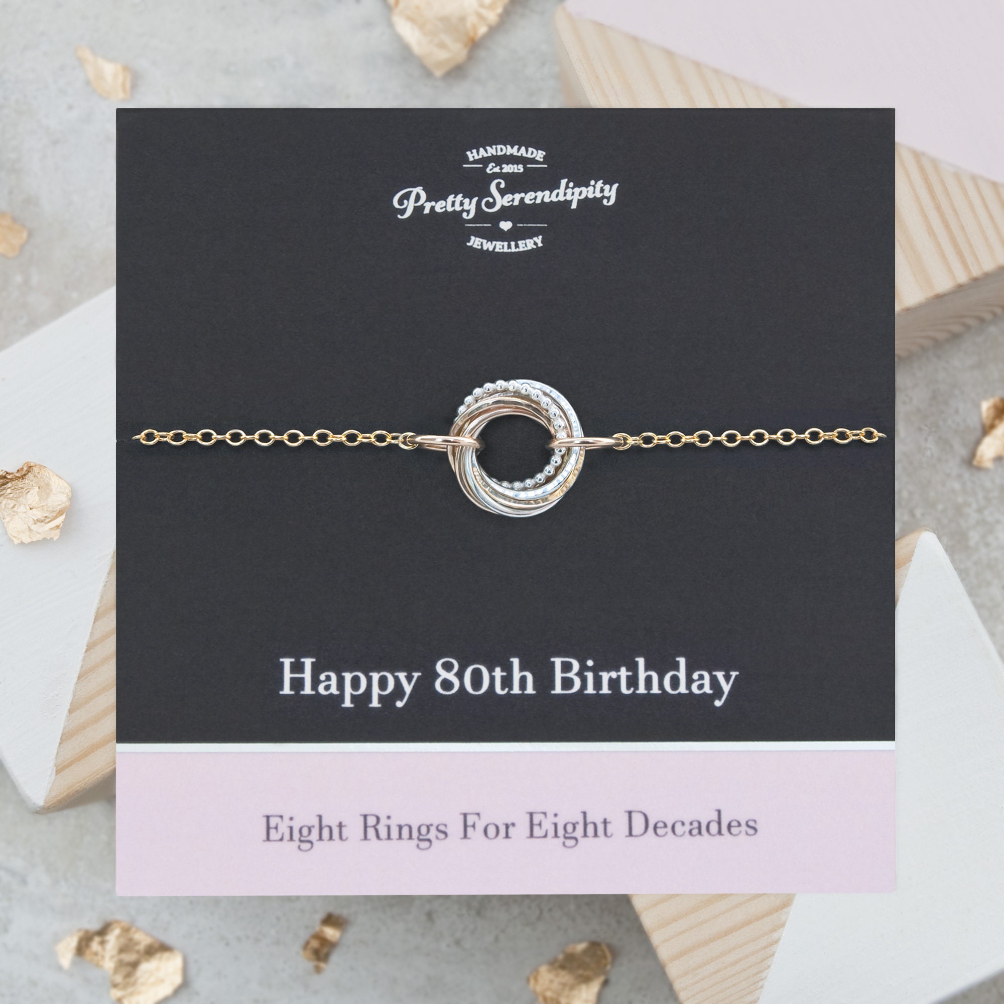 80Th Birthday Mixed Metal Bracelet - 8 Rings For Decades, Gifts Her, Silver & 14Ct Gold Fill