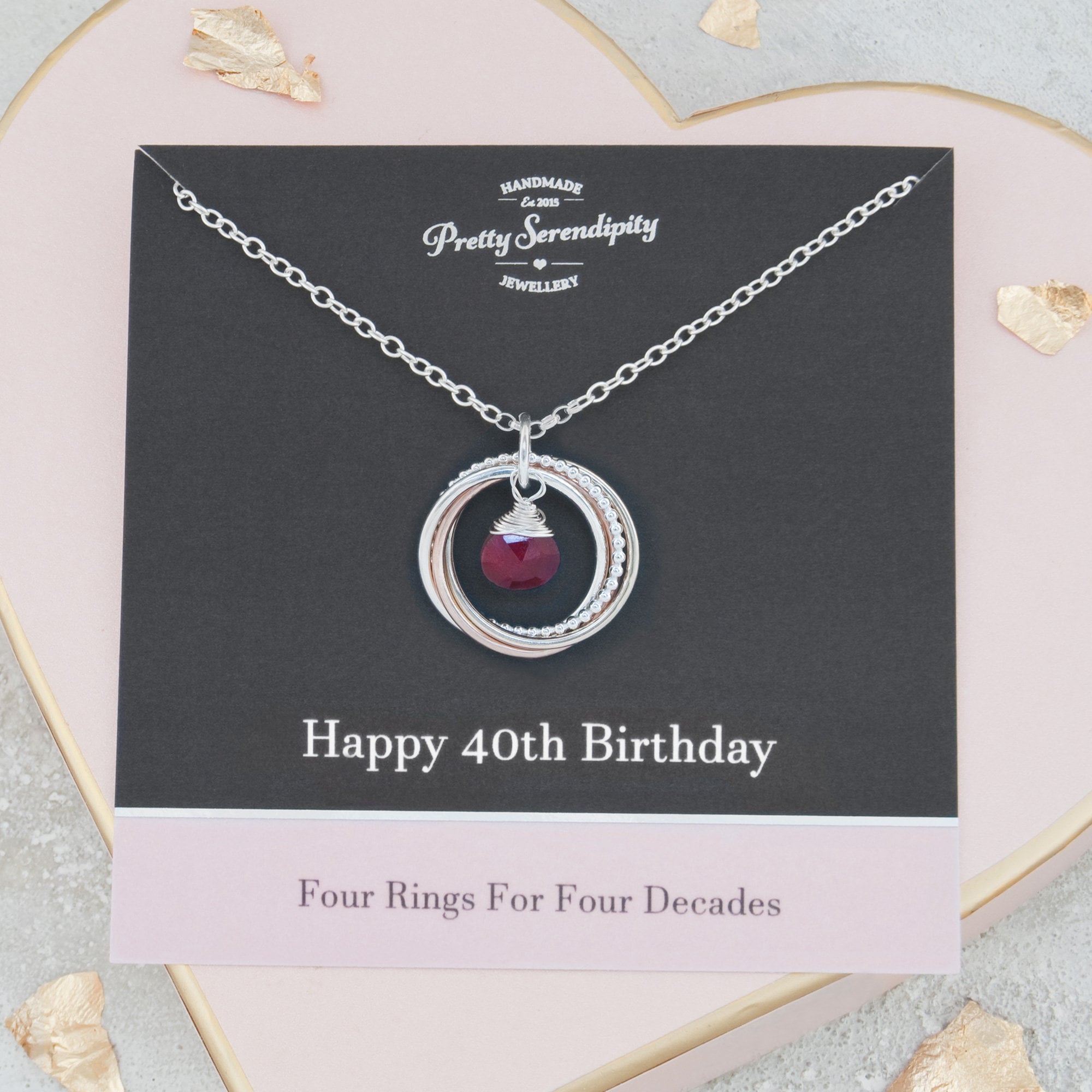 9Ct Solid Gold & Sterling Silver 40Th Birthday Necklace With Birthstone, 4 Rings For Decades, Gifts Women