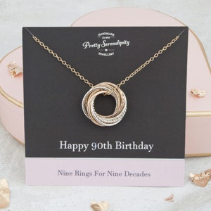 90th Birthday Necklace - 90th Birthday Gift - 9 Rings For 9 Decades - Silver & Gold
