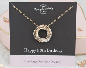 90th Birthday Mixed Metal Necklace - 90th Birthday Gift - 9 Rings For 9 Decades - Silver and 14ct Gold Fill