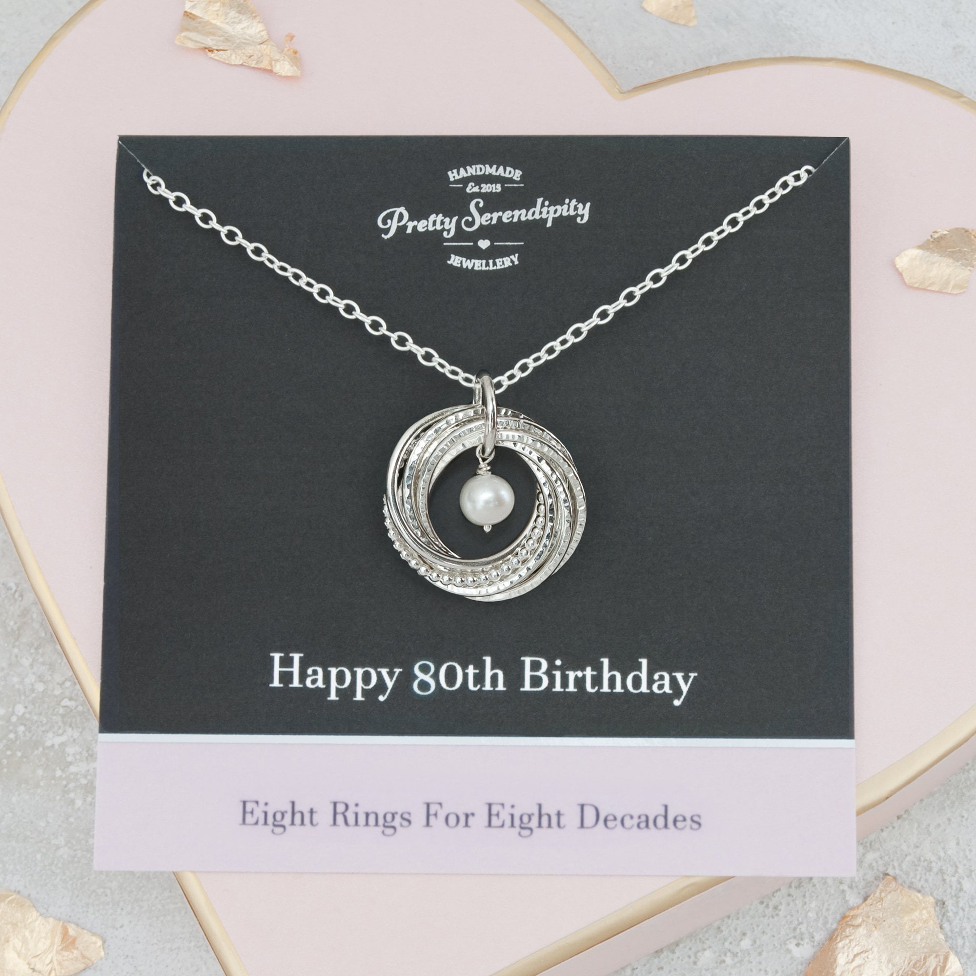 80Th Birthday Birthstone Necklace - Textured Sterling Silver, 8 Rings For Decades, Gift Her