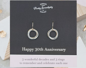 30th Anniversary Earrings, 30th Wedding Anniversary Gift, 3 Rings For 3 Decades of Marriage, Gold and Silver