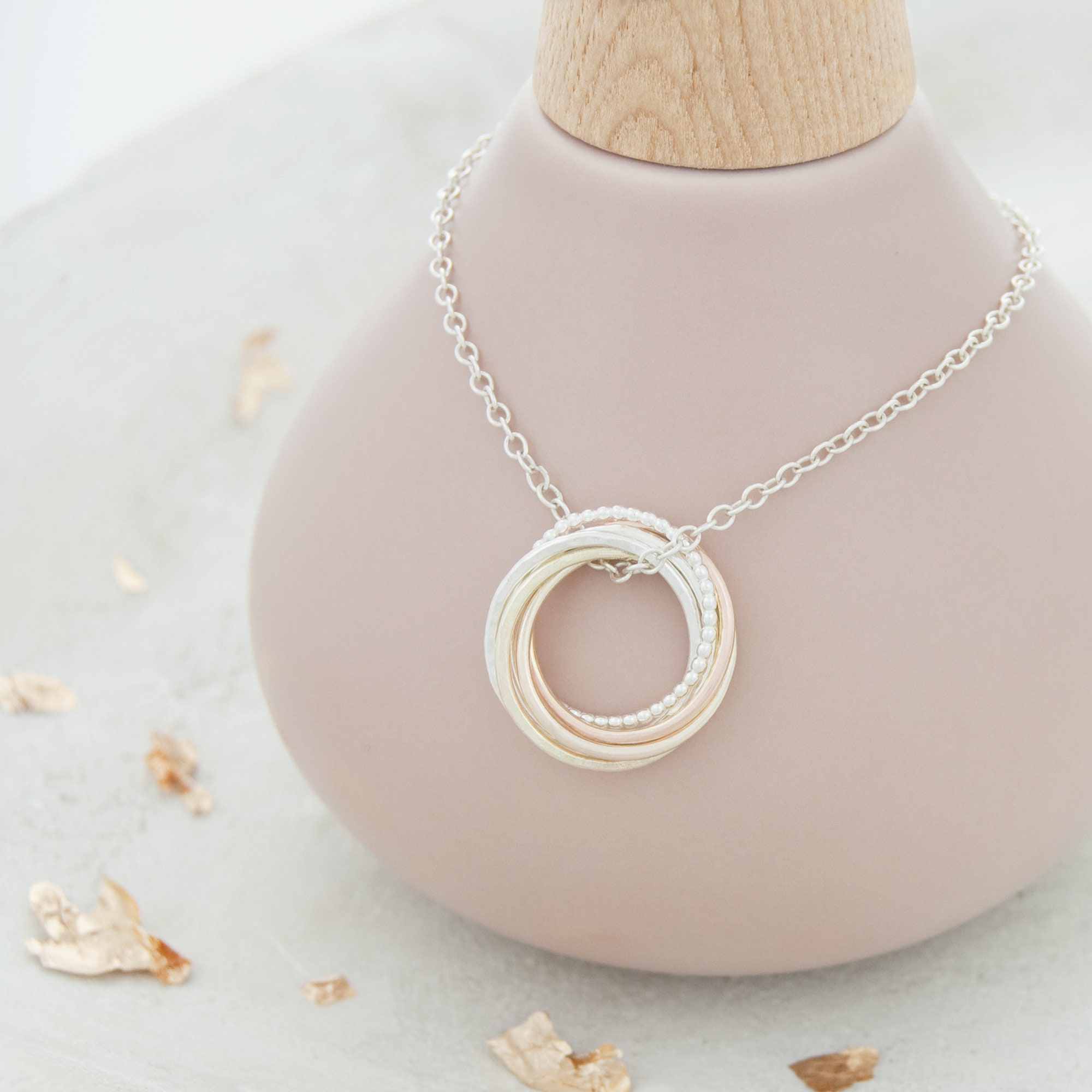 60th Birthday Necklace - 9ct Solid Gold and Sterling Silver, 60th Birthday Gift, 6 Rings For 6 Decades