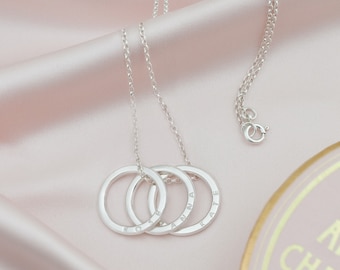 Sterling Silver Triple Ring Family Name Necklace, Personalised Gift For Mum, 30th Anniversary Gift For Wife, 30th Birthday Gift For Her