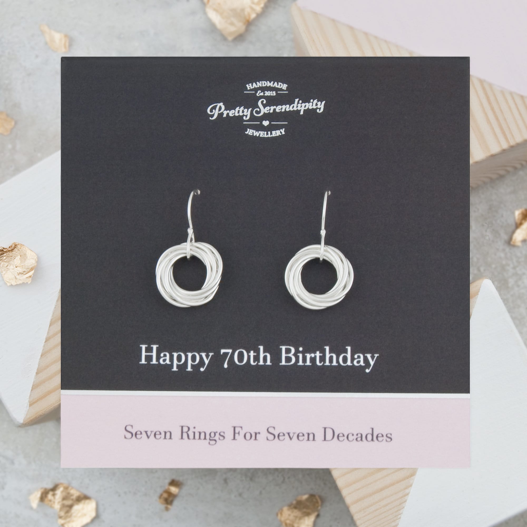 70Th Birthday Earrings, Gift, Jewellery, 7 Rings For Decades