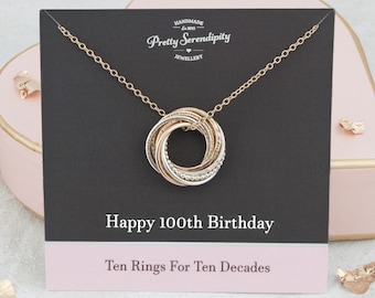 100th Birthday Necklace - 100th Birthday Gift - 10 Rings For 10 Decades - Silver & Gold