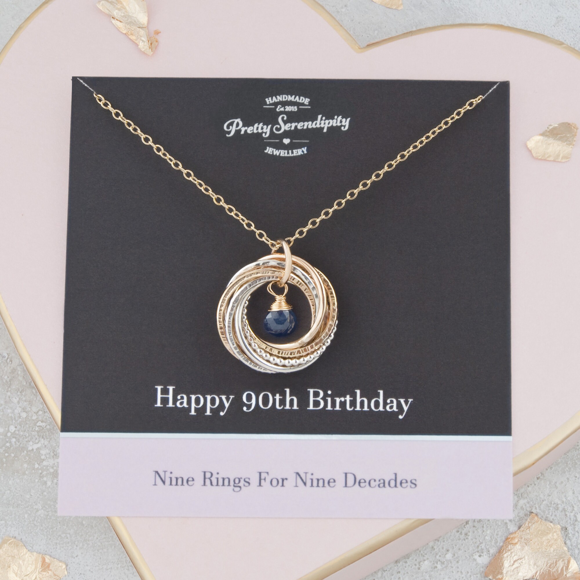 90Th Birthday Mixed Metal Birthstone Necklace - 9 Rings For Decades Gifts Her Silver & 14Ct Gold Fill