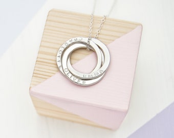 Russian Ring Necklace - Personalised with 3 Names, Engraved Necklace For Mother, 30th Birthday Gift For Her