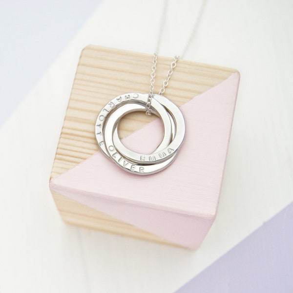 Russian Ring Necklace - Personalised with 3 Names, Engraved Necklace For Mother, 30th Birthday Gift For Her