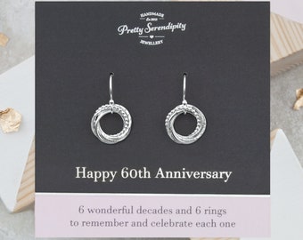 60th Wedding Anniversary Earrings - 6 Rings For 6 Decades of Marriage, 60th Anniversary Gift, Textured Sterling Silver