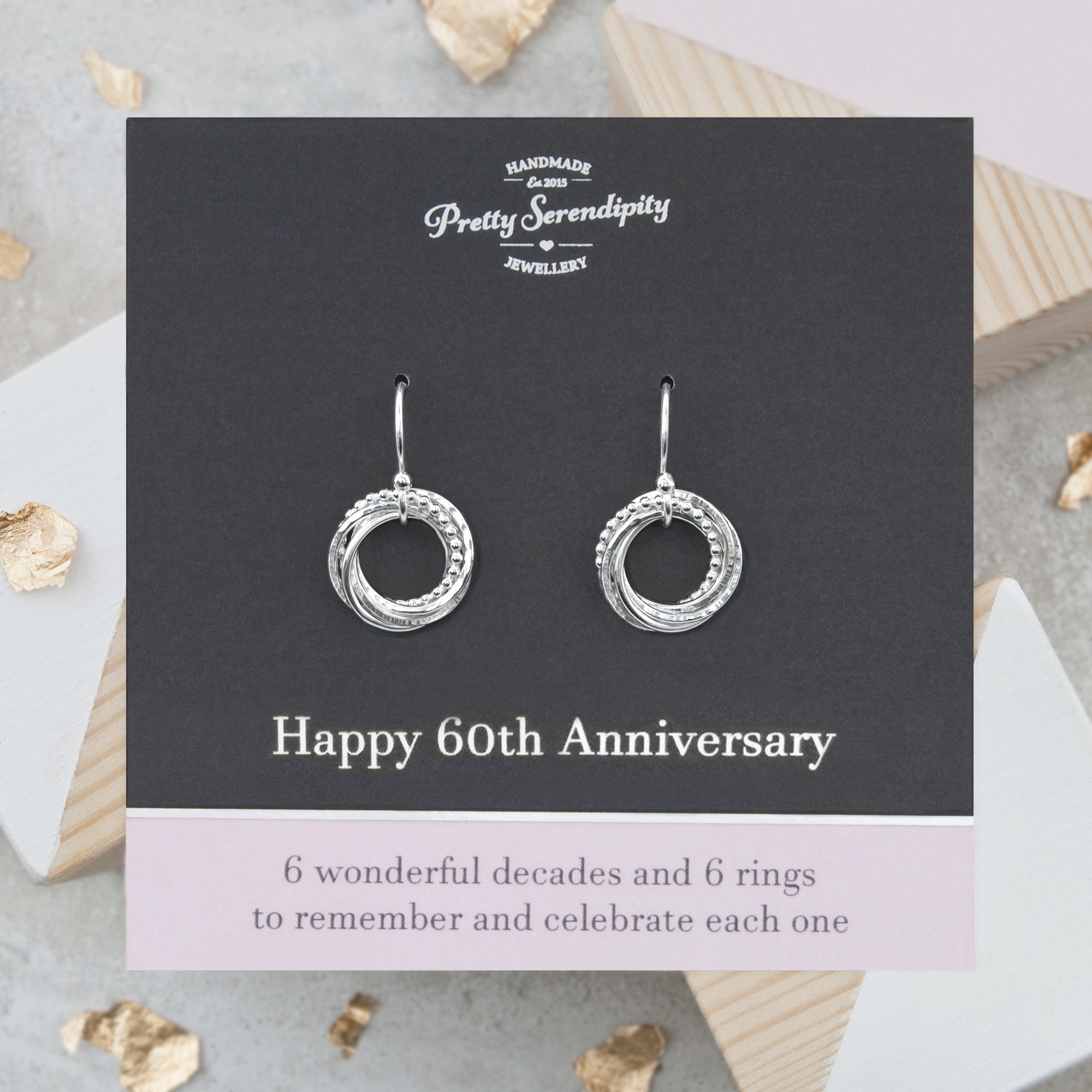 60Th Wedding Anniversary Earrings - 6 Rings For Decades Of Marriage, Gift, Textured Sterling Silver
