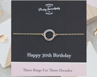 30th Birthday Mixed Metal Bracelet - 3 Rings For 3 Decades, 30th Birthday Gifts For Her, Silver and 14ct Gold Fill