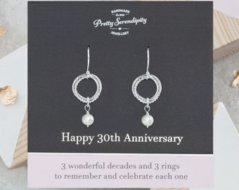 30th Pearl Anniversary Earrings - Textured Sterling Silver, 30th Wedding Anniversary Jewellery